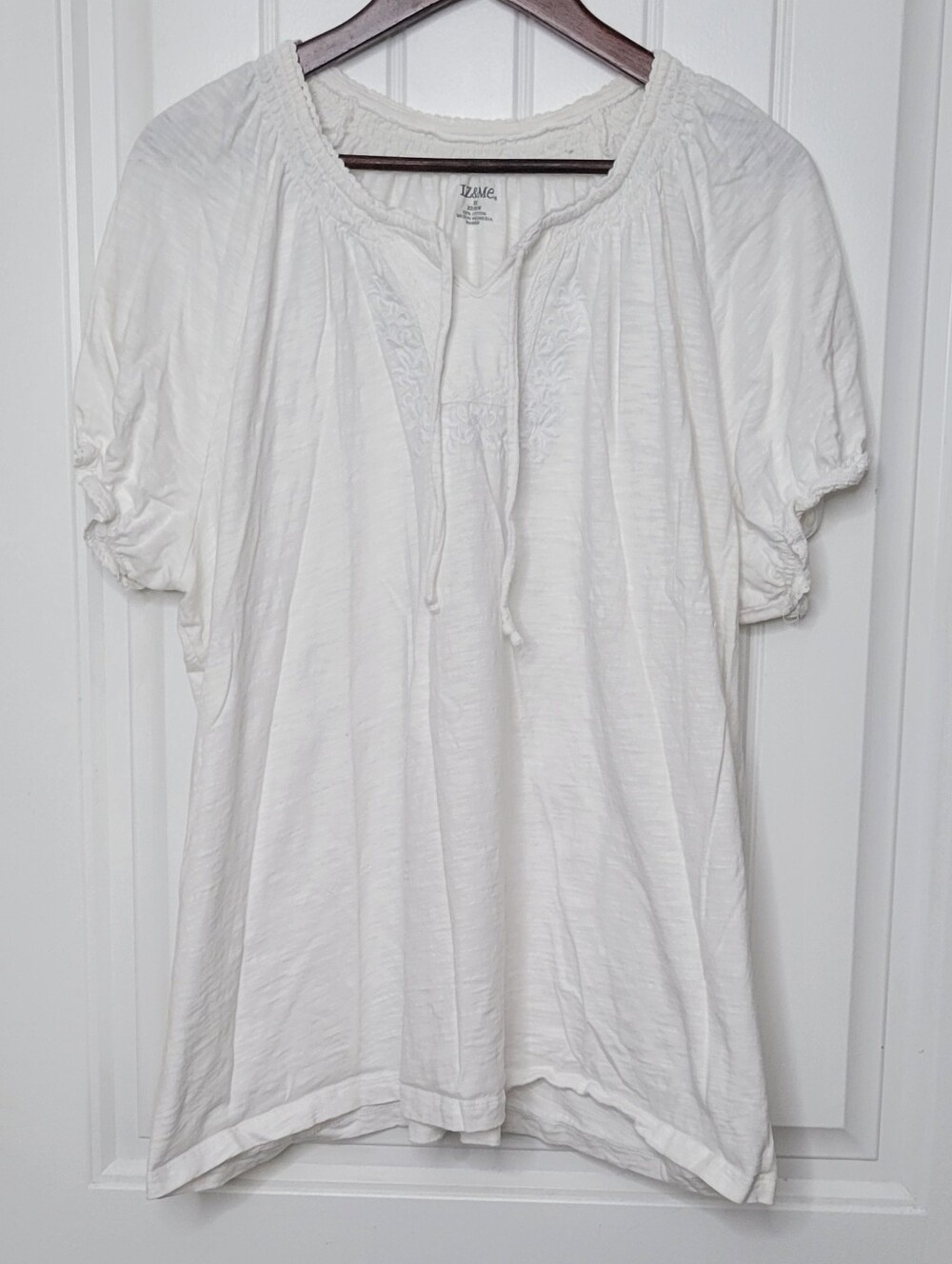 Liz & Me White Cotton Peasant Tunic with Tie Neck